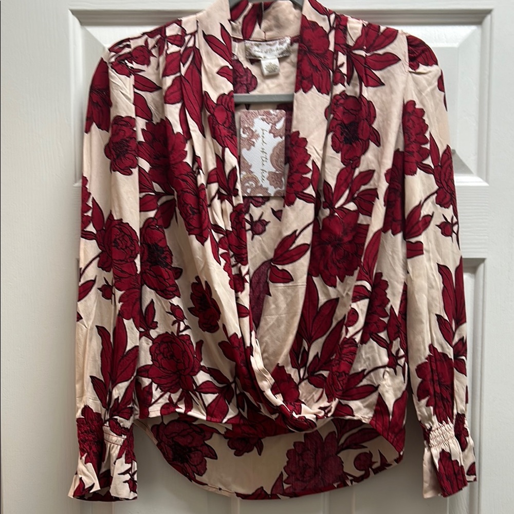 NWTS Red and Cream Long Sleeve Wrap Blouse with Notched Collar